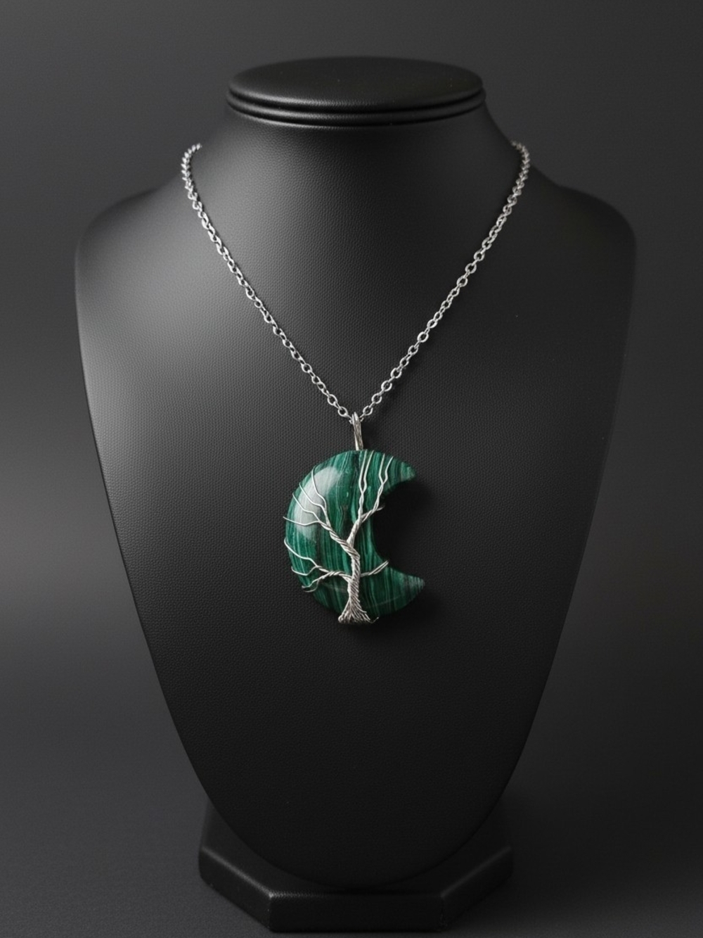 Silver-Tone Tree of Life Crescent Necklace with Green Stone